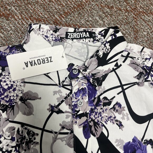 ZEROYAA Men's Poppy Floral Shirt Purple White Black Size Medium - Picture 6 of 7